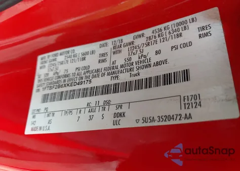 2019 Ford Super Duty F-250 Srw Xl z USA, uszkodzony, nr VIN 1FTBF2B6XKED49175